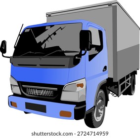 vector image of a means of transportation in the form of a light blue box truck with a gray box and a white background