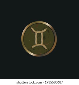 
Vector image of a medal with a zodiac sign. Zodiac sign Gemini, medal on a black background. Gold medal with a patina depicting the zodiac sign Gemini in twisted metal.

