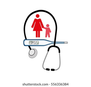 Vector image of a medical thermometer with a mother and child and a stethoscope