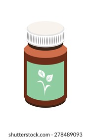 Vector image of a medicine bottle with leaves on the label