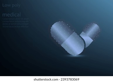 Imagen vectorial de un medicamento en una cápsula, imagen baja de poli. Comprimidos medicinales, farmacología.