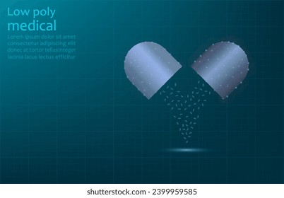 Imagen vectorial de un medicamento en una cápsula, imagen baja de poli. Comprimidos medicinales, farmacología.