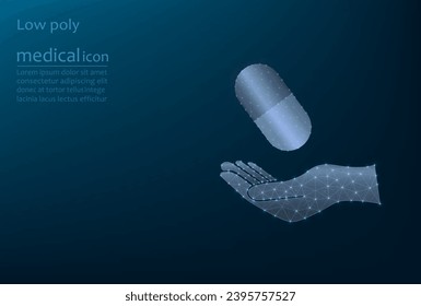 Vector image of a medicine in a capsule on the hand, low poly picture. Medicinal tablets, pharmacology.