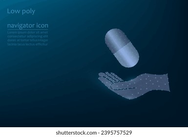 Vektorbild eines Arzneimittels in einer Kapsel auf der Hand, Low-Poly-Bild. Arzneimittel, Pharmakologie.