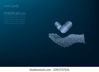 Vector image of a medicine in a capsule on the hand, low poly picture. Medicinal tablets, pharmacology.