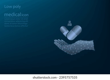 Vector image of a medicine in a capsule on the hand, low poly picture. Medicinal tablets, pharmacology.