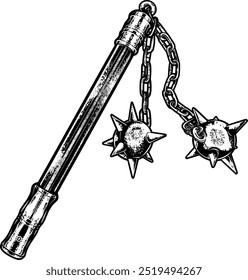 Una Imagen de Vector de una maza medieval con una bola y una cadena con púas. Ideal para diseños de camisetas o logotipos, dando un ambiente fuerte, audaz y vintage