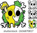 A vector image of a melted half skull face with a toxic green smoke effect, combining elements of dark art (gothic), surreal pop art, and creepy cute aesthetic. 