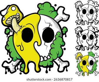 A vector image of a melted half skull face with a toxic green smoke effect, combining elements of dark art (gothic), surreal pop art, and creepy cute aesthetic. 