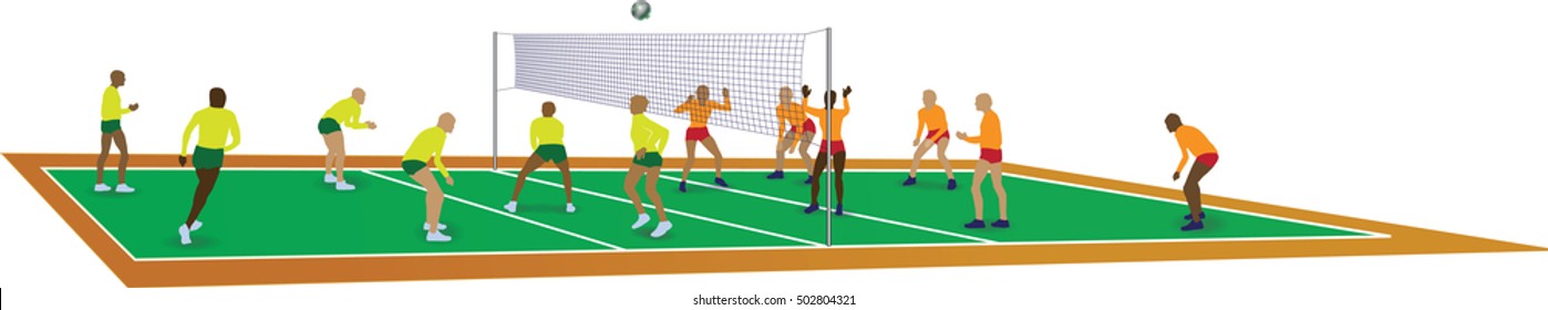 Vector image of men playing volleyball.