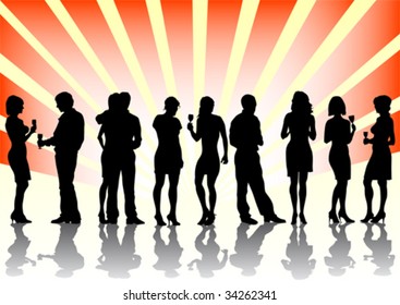 Vector image of men and women at the party. Silhouettes on a color background