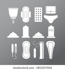 Vector image. Menstrual hygiene and women's contraception icons.