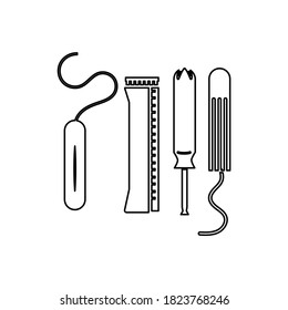 Vector image. Menstruation objects icons. Image of a tampon with its applicator and its cover.