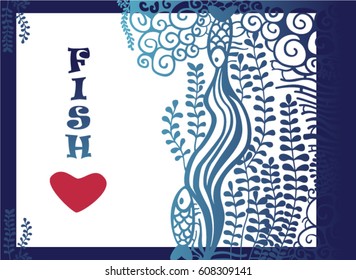 Vector image of menu card with under water fishes and sea grass on isolated background. For fish restaurants, design websites and mobile phones, printing. 