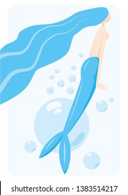 Vector image of a mermaid with long blue hair in the depths of the summer sea