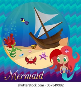 Vector image of a mermaid on the background of the underwater world