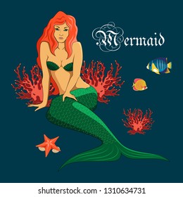 Vector image of a mermaid on a blue background.