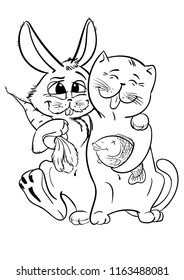 vector image of merry cat and hare with carrot and fish. black outline