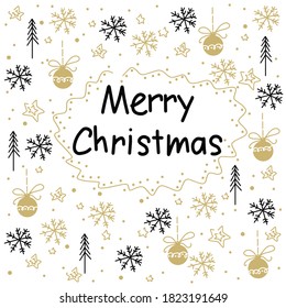 Vector image Merry Christmas with New Year stars, tree, toys and snow flakes on white background in winter