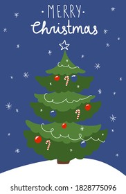 Vector image Merry Christmas with New Year snow flakes, toys and spruce tree on dark blue night sky in winter