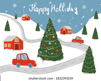Vector image Merry Christmas with New Year snow flakes, houses and trees on snowy field and night sky in winter with roads and mountains