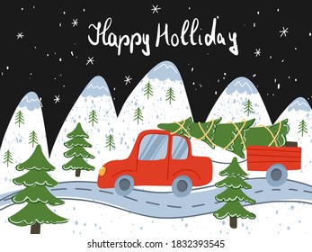 Vector image Merry Christmas with New Year snow flakes and car riding on a road with spruce tree behind it on snowy mountains and night sky in winter 