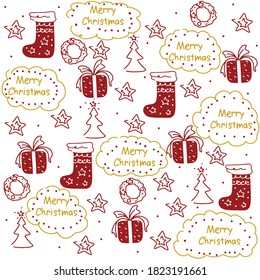 Imagen vectorial Feliz Navidad con estrellas rojas de Año Nuevo, árboles, medias, regalos y coronas de fondo blanco en invierno