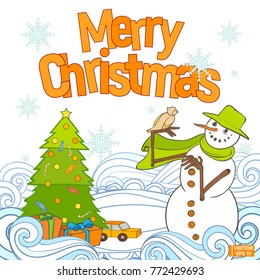 Vector image. Merry Christmas. The snowman keeps the bird. New Year tree and gifts. Cheerful vintage snowman, postcard on a light background