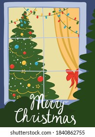 Vector image Merry Christmas window and holiday spruce tree decorated with herlands and curtain