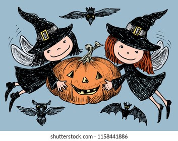 Vector image of merry elves with Halloween pumpkin