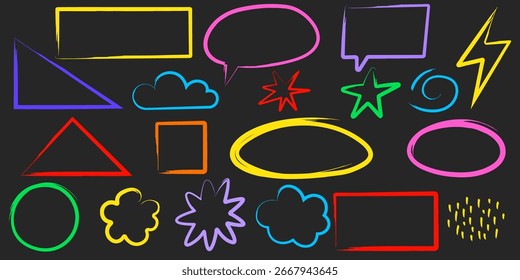 Imagem vetorial do conjunto confuso de esboço e padrão desenhado à mão. sublinhado, realce, seta definida. Traçado de pincel desenhado à mão, realce, balão, sublinhado. Elemento para seu design 
