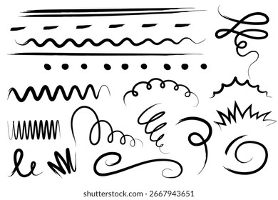 Imagem vetorial do conjunto confuso de esboço e padrão desenhado à mão. sublinhado, realce, seta definida. Traçado de pincel desenhado à mão, realce, balão, sublinhado. Elemento para seu design 