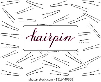 Vector image of metal hair clips. The inscription of the name hairpin for hair. A large number of melatic hair ornaments.