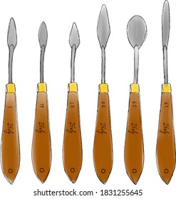 vector image of metal palette knives of different shapes with a wooden handle in the amount of 6 pieces for oil painting