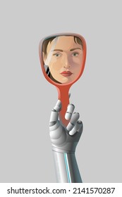 
Vector image of a metal robot hand holding a zercollo in which a woman's face is reflected