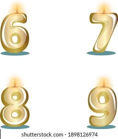 Vector image of metallic gold number candles on a white background in cartoon style