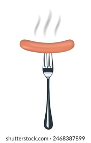 vector image of the metallic shiny fork with a hot sausage and a smoke isolated on the white background.