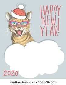 Vector image of a mewing cat in a hat and glasses with the inscription "Happy New Year!" and place for text on a gray background in the Scandinavian style