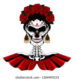 Vector image of a mexican female skull with a wreath of roses. Color image on white background.