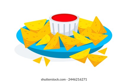 Vector image of Mexican nacho chips on a platter and red sauce in cartoon style.