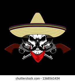A vector image of a mexican skull with a mustache in a hat with revolvers. Color vector image on a black background.