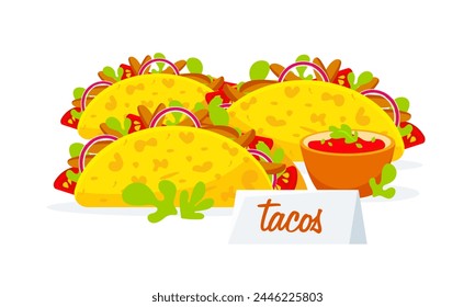 Vector image of Mexican tacos and sauce in cartoon style.