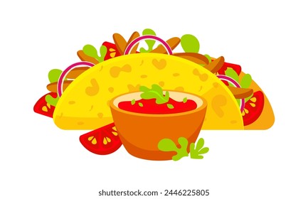 Vector image of Mexican tacos and sauce in cartoon style.