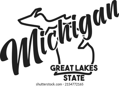 Vector Image Of Michigan. Lettering Nickname Great Lakes State. United States Of America Outline Silhouette. Hand-drawn Map Of US Territory. Illustration For The USA Poster, Banner, Print, Decor, Card