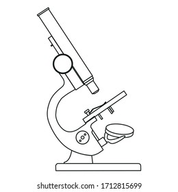 Vector image of a microscope. Scientific or medical laboratory equipment for experiments. The study of the virus, coronavirus, microbes.