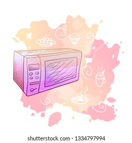 Vector image. Microwave with doodle elements. Bright color sketch, kitchen utensils. Imitation of watercolor stains.