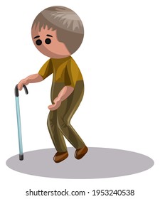 Vector image of a middle-aged man leaning on a cane while walking. Isolated over white background. EPS 10