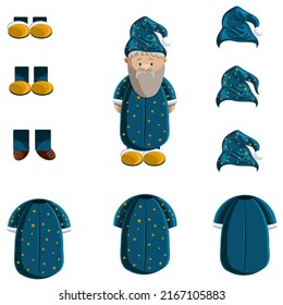 Vector image of a middle-aged man in a stargazer costume, and the elements of which it consists and similar options for selection. Isolated on white background. Set. EPS 10