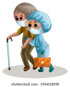 Vector image of a middle-aged man with a stick and a female medic in uniform with him on the arm. EPS 10. Concept. Image on white background