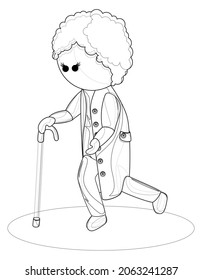 Vector image of a middle-aged woman in contours leaning on a cane while walking. Isolated over white background. EPS 10